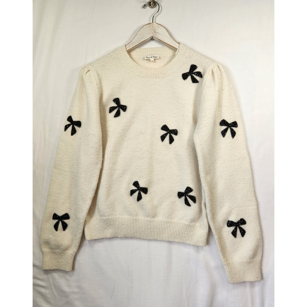 Aaron & Amber‎ Cream Bow Sweater Black Glitter Applique Puff Sleeve Medium